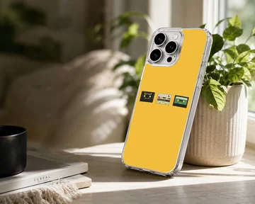 A vibrant yellow phone case featuring three miniature vintage cassette tapes lined up across the center, viewed as a phone case — Lifestyle