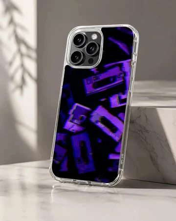 Glitch cassette tape artwork in purple and blue tones on a matte phone case