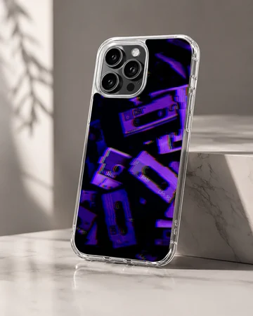 Glitch cassette tape artwork in purple and blue tones on a matte phone case — Hero