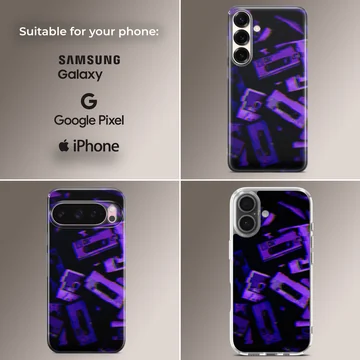 Glitch cassette tape artwork in purple and blue tones on a matte phone case — Collage