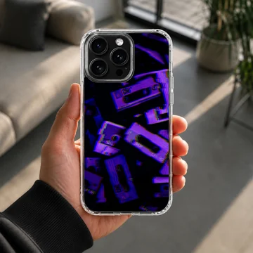 Glitch cassette tape artwork in purple and blue tones on a matte phone case — Lifestyle
