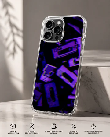 Glitch cassette tape artwork in purple and blue tones on a matte phone case — Specs