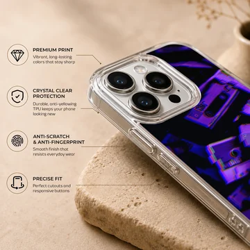 Glitch cassette tape artwork in purple and blue tones on a matte phone case — Info
