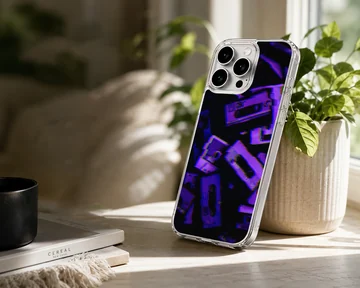Glitch cassette tape artwork in purple and blue tones on a matte phone case — Lifestyle