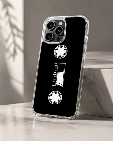 Minimalist white cassette tape graphic printed on a black phone case