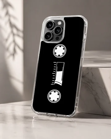 Minimalist white cassette tape graphic printed on a black phone case — Hero