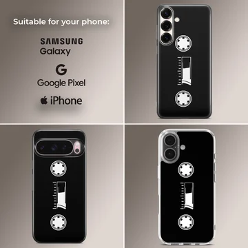 Minimalist white cassette tape graphic printed on a black phone case — Collage