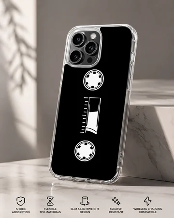 Minimalist white cassette tape graphic printed on a black phone case — Specs