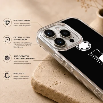 Minimalist white cassette tape graphic printed on a black phone case — Info