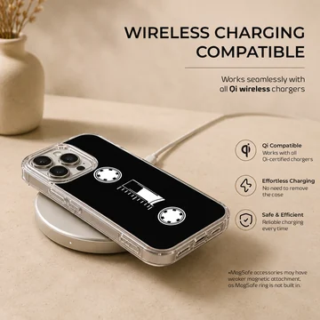 Minimalist white cassette tape graphic printed on a black phone case — Charging