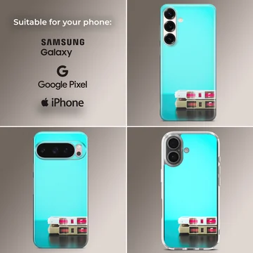 Stacked vintage cassette tapes against a vibrant turquoise background on a phone case — Collage