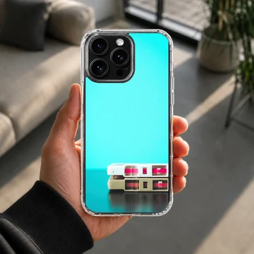 Stacked vintage cassette tapes against a vibrant turquoise background on a phone case — Lifestyle