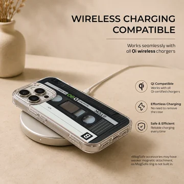Vintage audio cassette tape artwork printed on a matte phone case — Charging