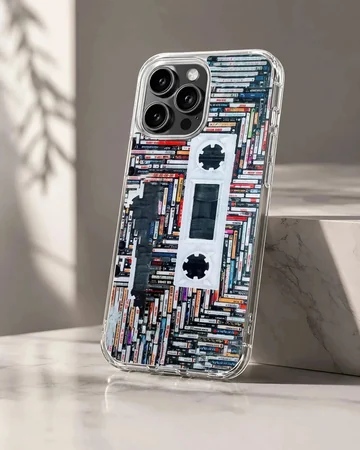 A detailed print of stacked cassette tapes forming a large retro cassette silhouette on a phone case