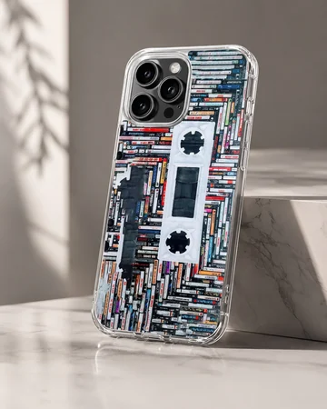 A detailed print of stacked cassette tapes forming a large retro cassette silhouette on a phone case — Hero