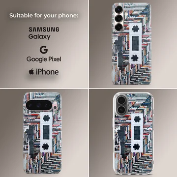 A detailed print of stacked cassette tapes forming a large retro cassette silhouette on a phone case — Collage