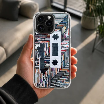 A detailed print of stacked cassette tapes forming a large retro cassette silhouette on a phone case — Lifestyle
