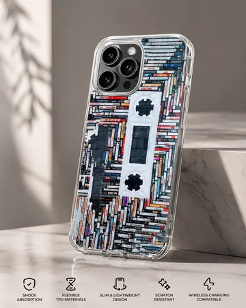 A detailed print of stacked cassette tapes forming a large retro cassette silhouette on a phone case — Specs