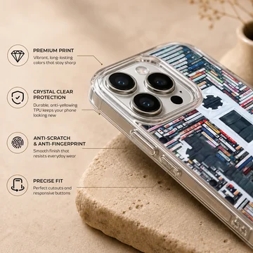 A detailed print of stacked cassette tapes forming a large retro cassette silhouette on a phone case — Info