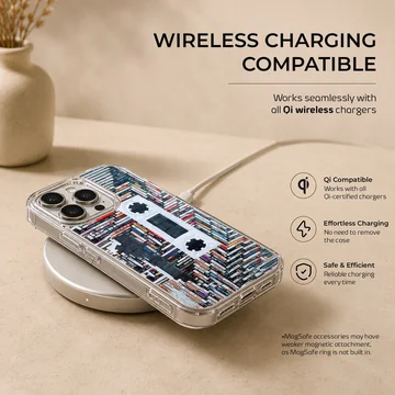 A detailed print of stacked cassette tapes forming a large retro cassette silhouette on a phone case — Charging