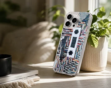 A detailed print of stacked cassette tapes forming a large retro cassette silhouette on a phone case — Lifestyle