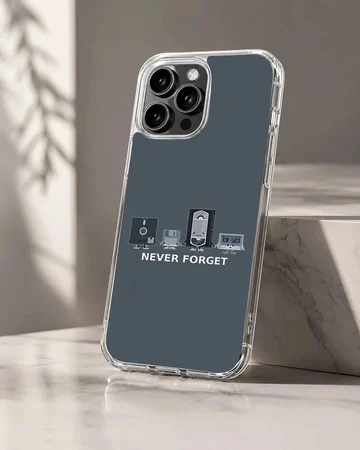 Retro cassettes and vintage tech characters with the text never forget printed on a phone case
