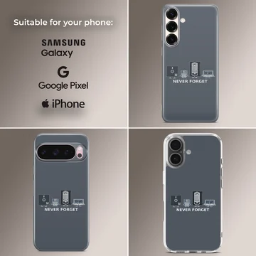 Retro cassettes and vintage tech characters with the text never forget printed on a phone case — Collage