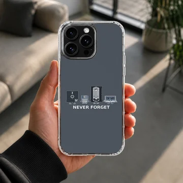 Retro cassettes and vintage tech characters with the text never forget printed on a phone case — Lifestyle