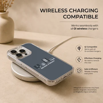 Retro cassettes and vintage tech characters with the text never forget printed on a phone case — Charging