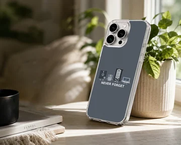 Retro cassettes and vintage tech characters with the text never forget printed on a phone case — Lifestyle