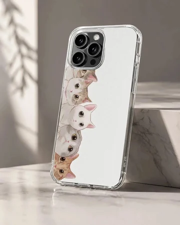 An illustrated stack of adorable cartoon cats peeking out against a clean white background on a phone case
