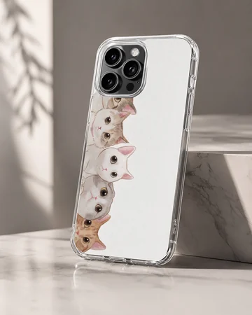 An illustrated stack of adorable cartoon cats peeking out against a clean white background on a phone case — Hero