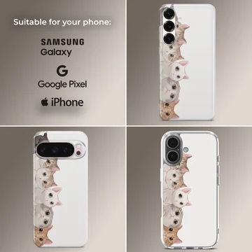 An illustrated stack of adorable cartoon cats peeking out against a clean white background on a phone case — Collage