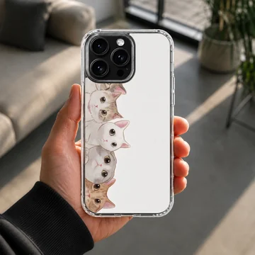 An illustrated stack of adorable cartoon cats peeking out against a clean white background on a phone case — Lifestyle