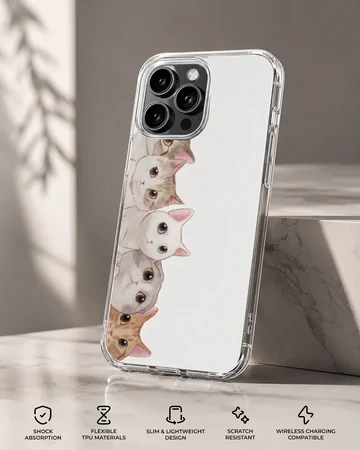 An illustrated stack of adorable cartoon cats peeking out against a clean white background on a phone case — Specs