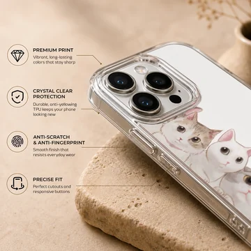 An illustrated stack of adorable cartoon cats peeking out against a clean white background on a phone case — Info