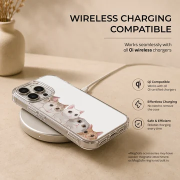 An illustrated stack of adorable cartoon cats peeking out against a clean white background on a phone case — Charging