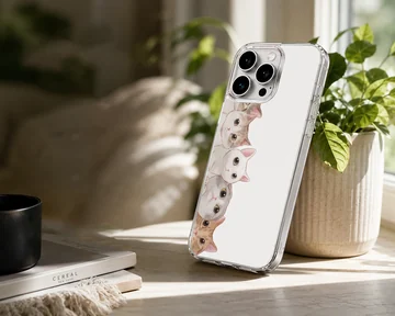 An illustrated stack of adorable cartoon cats peeking out against a clean white background on a phone case — Lifestyle