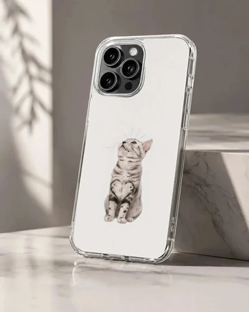 Detailed digital illustration of a curious cat looking upward on a white phone case