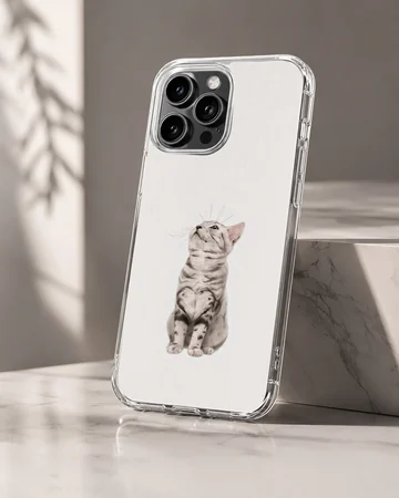 Detailed digital illustration of a curious cat looking upward on a white phone case — Hero