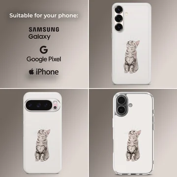 Detailed digital illustration of a curious cat looking upward on a white phone case — Collage
