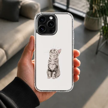 Detailed digital illustration of a curious cat looking upward on a white phone case — Lifestyle