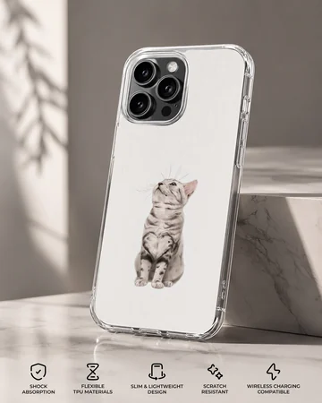 Detailed digital illustration of a curious cat looking upward on a white phone case — Specs