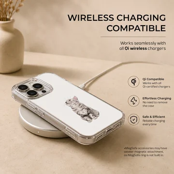 Detailed digital illustration of a curious cat looking upward on a white phone case — Charging