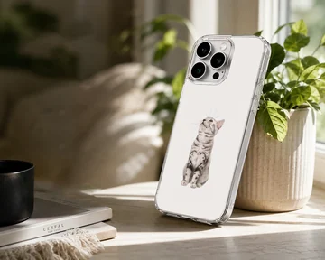 Detailed digital illustration of a curious cat looking upward on a white phone case — Lifestyle