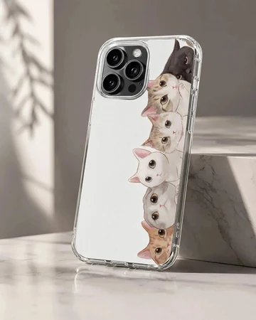 An illustration of a vertical stack of charming cats and kittens on a phone case