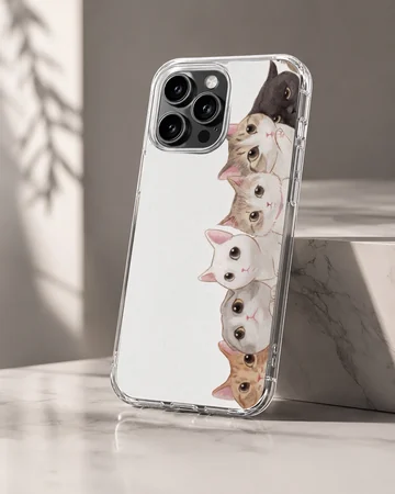 An illustration of a vertical stack of charming cats and kittens on a phone case — Hero