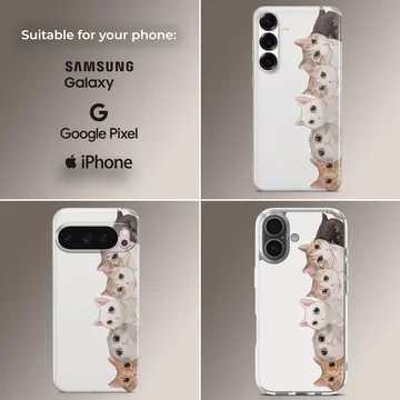 An illustration of a vertical stack of charming cats and kittens on a phone case — Collage