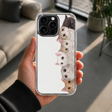 An illustration of a vertical stack of charming cats and kittens on a phone case — Lifestyle