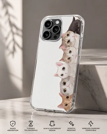 An illustration of a vertical stack of charming cats and kittens on a phone case — Specs